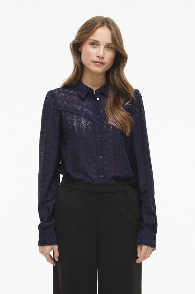 Vila blauwe dames blouse | Model vooraanzicht