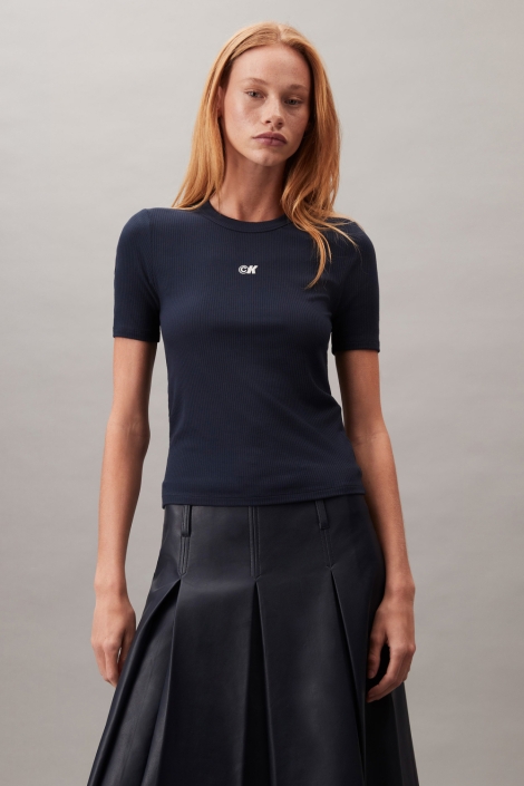 Calvin Klein blauwe dames t-shirt | Model vooraanzicht