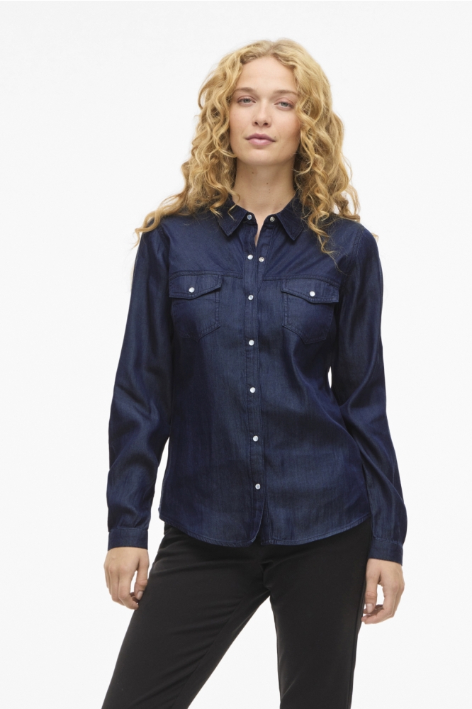 Vila blauwe dames blouse | Model vooraanzicht
