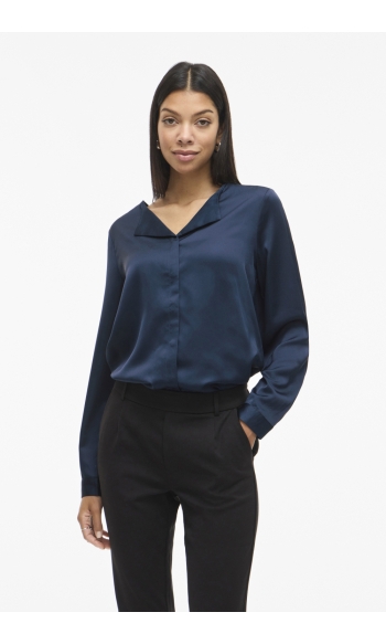 VIELLETTE V-NECK L/S SATIN SHIRT - 14114164 Navy