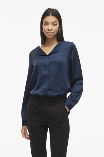 Vila viellette v-neck l/s satin shirt - Blauw