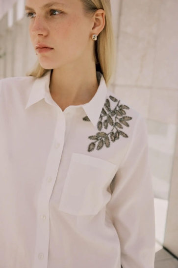 Vila Blouse VIJEMSI L/S PEARL EMB SHIRT 14113048 Snow White/SILVER