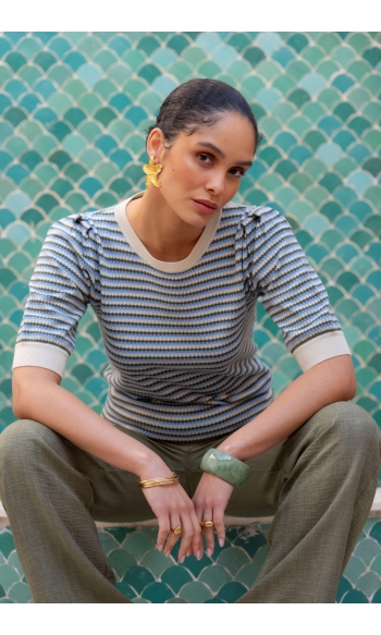 GEBREIDE TOP MET STREPEN EN LUREX 64066 14 Kit Lurex/Olive/Blue