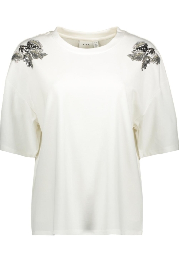 Vila T-shirt VISELSA O-NECK S/S PEARL T-SHIRT 14113127 SNOW WHITE/SILVER