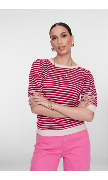 GEBREIDE TOP MET STREPEN EN LUREX 64066 14 KIT LUREX/FUCHSIA/PORT