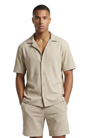 Malelions men ribbed camp collar shirt Taupe