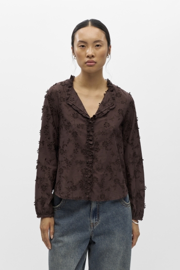 Object Blouse OBJKARLI L/S RE SHIRT NOOS 23049209 SEAL BROWN/EMBOIDERY