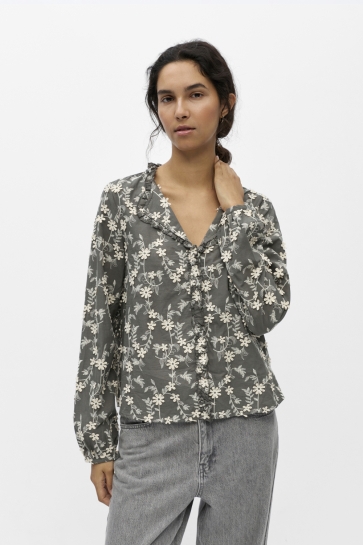 Object Blouse OBJKARLI L/S RE SHIRT NOOS 23049209 Gunmetal/Sandshell embroidery