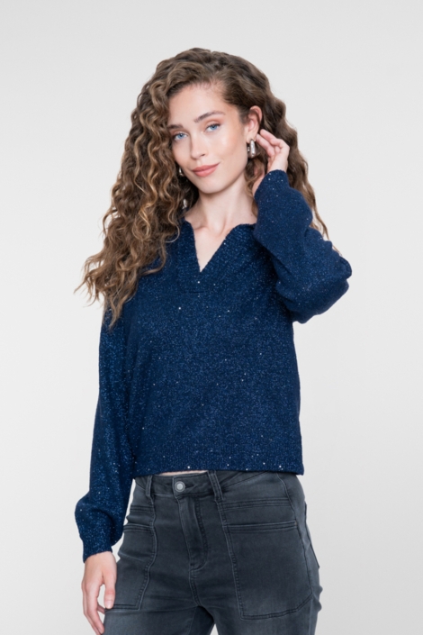 Geisha blauwe dames trui | Model vooraanzicht