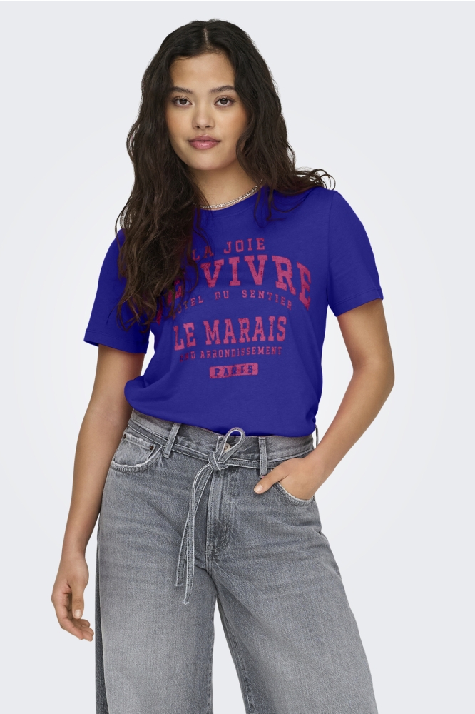 Only blauwe dames t-shirt | Model vooraanzicht