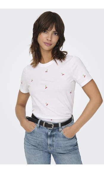 ONLKETTY LIFE S/S O-NECK TOP JRS NO 15288473 BRIGHT WHITE/CHERRIES