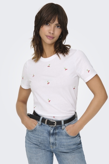 Only ONLKETTY LIFE S/S O-NECK TOP JRS NO 15288473 BRIGHT WHITE/CHERRIES