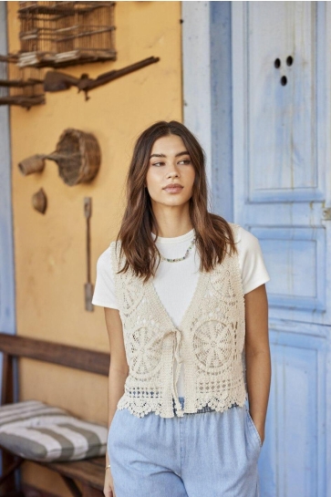 Jacqueline de Yong Gilet JDYVIC S/L V-NECK TIE VEST KNT 15347425 TAPIOCA