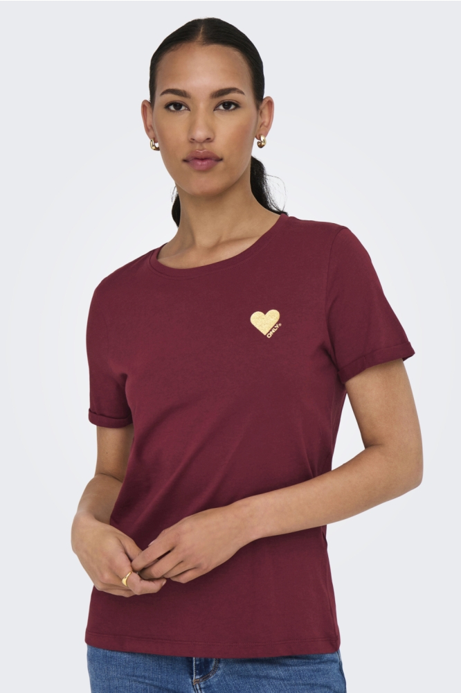 Only bordeaux dames t-shirt | Model vooraanzicht