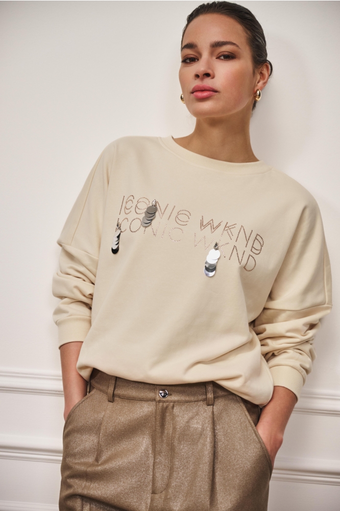 EsQualo beige dames sweater | Model vooraanzicht