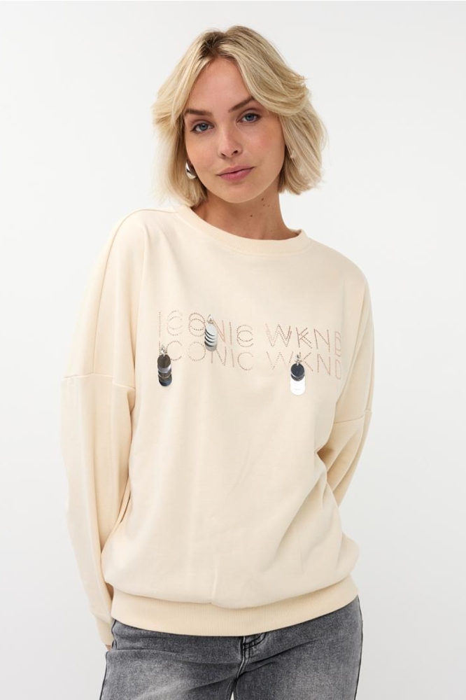 EsQualo beige dames sweater | Model vooraanzicht