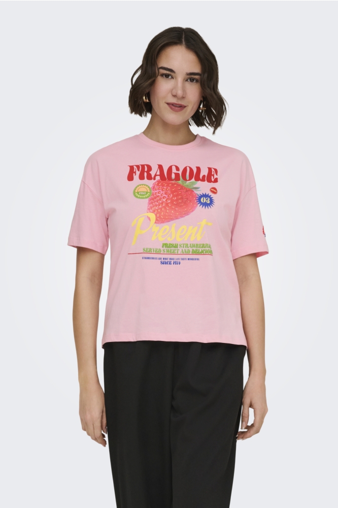 Only roze dames t-shirt | Model vooraanzicht