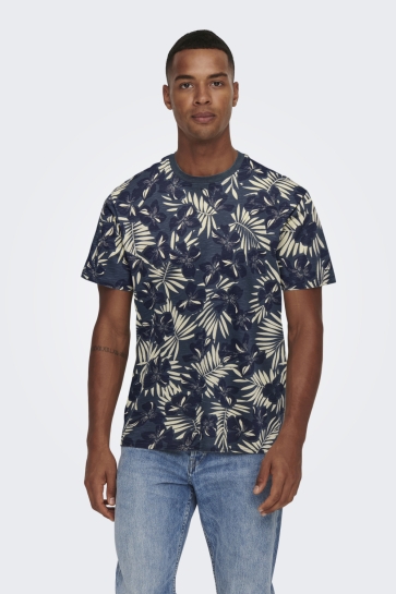 Only & Sons ONSPERRY LIFE REG LEAF AOP SS TEE 22025283 PEACOAT/ BLUE NIGHT
