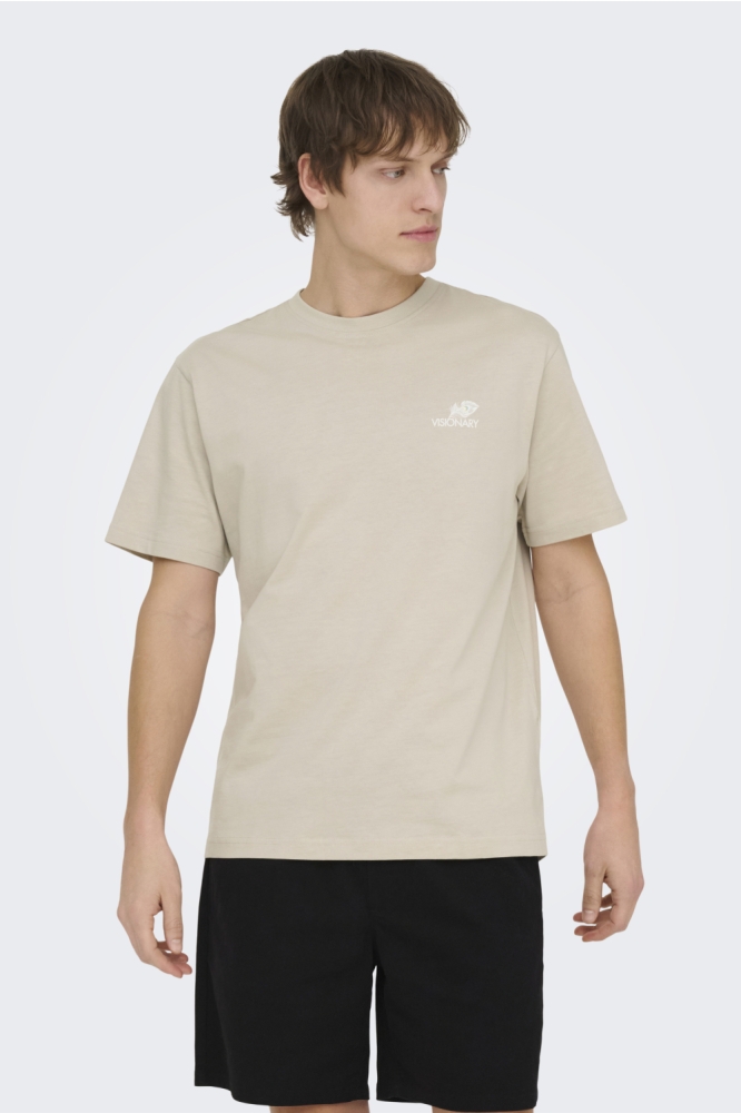 Only & Sons beige heren t-shirt | Model vooraanzicht