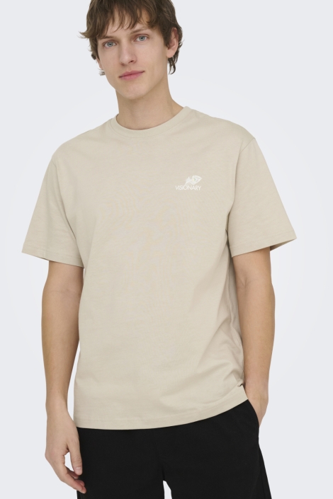 Only & Sons beige heren t-shirt | Model vooraanzicht