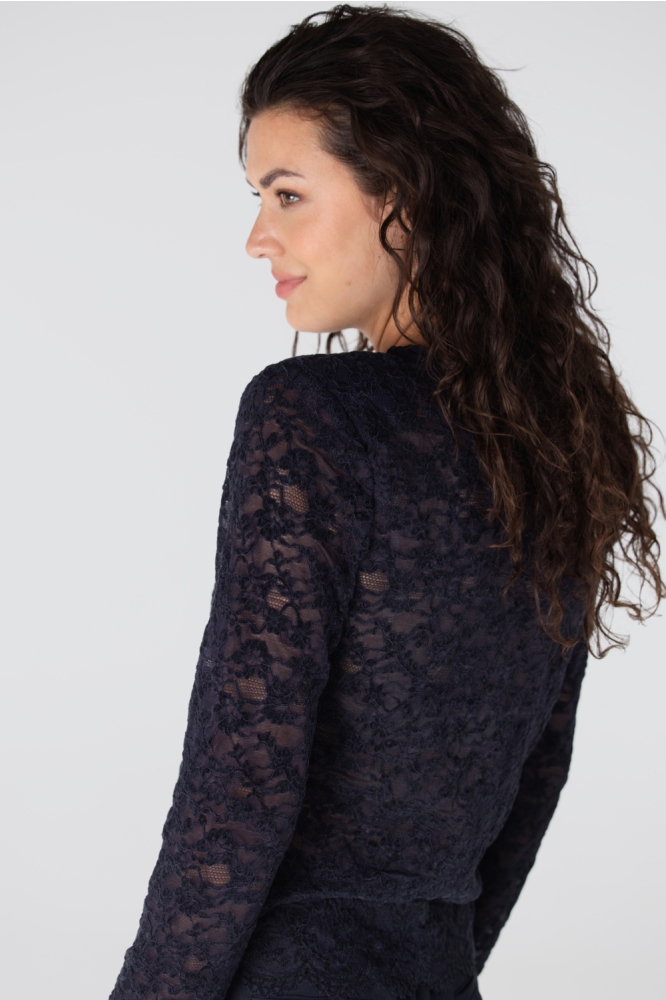 Juffrouw Jansen blauwe dames t-shirt | Close up