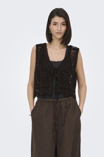 Jacqueline de Yong Vest JDYVIC S/L V-NECK TIE VEST KNT 15347425 CHOCOLATE TORTE
