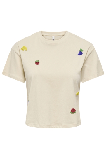 Only T-shirt ONLBELLA S/S FRUIT TOP BOX JRS 15372233 BIRCH/FRUIT EMB.