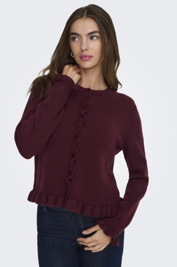 Jacqueline de Yong JDYLETTY L/S ON FRILL CARDIGAN KNT 15363485 MAROON BANNER/MELANGE