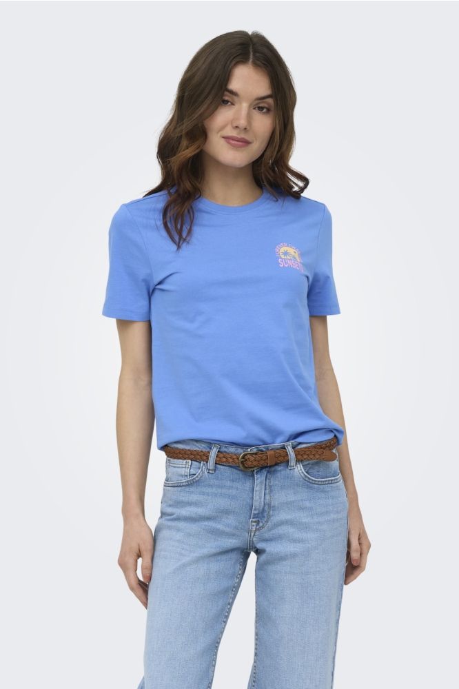 Only blauwe dames t-shirt | Model vooraanzicht