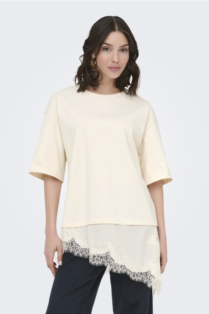 Jacqueline de Yong beige dames t-shirt | Model vooraanzicht