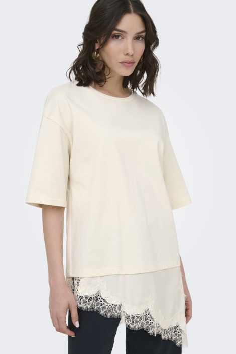 Jacqueline de Yong beige dames t-shirt | Model vooraanzicht