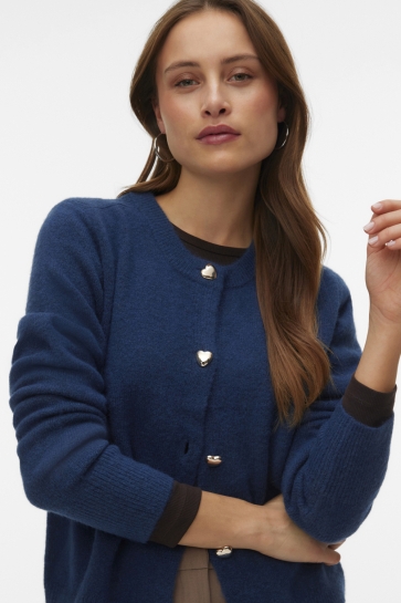 Vero Moda VMFIONA LS SHORT BUTTON CARDIGAN BO 10321311 DARK DENIM/MELANGE W GOLD HEART BUTTON