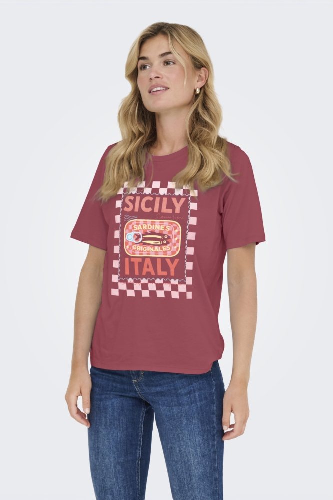 Jacqueline de Yong bordeaux dames t-shirt | Model vooraanzicht