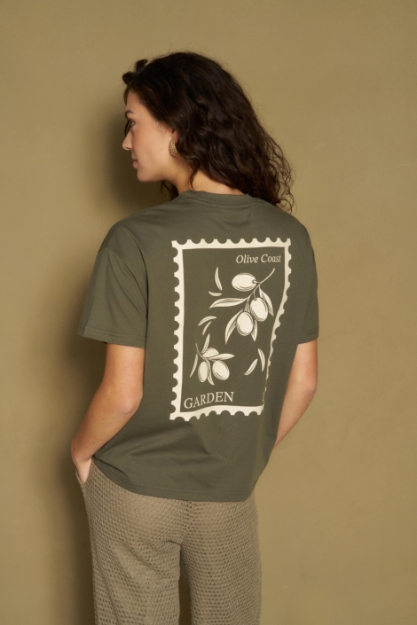 Lofty Manner groene dames t-shirt | Model achteraanzicht