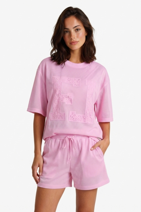 Fluresk roze dames t-shirt | Model vooraanzicht