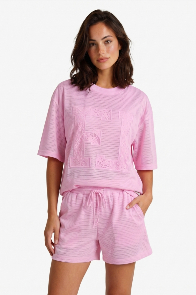 Fluresk roze dames t-shirt | Model vooraanzicht