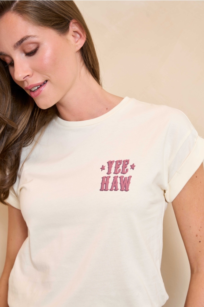 Lofty Manner ecru dames t-shirt | Model vooraanzicht
