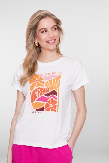 Geisha T-shirt T SHIRT MET PRINT 62355 24 000010 OFF-WHITE/ORANGE