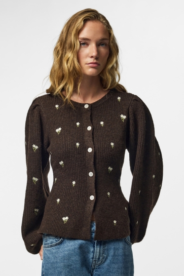 Pieces Vest PCSILLY LS PUFF KNIT CARDIGAN EMB B 17168505 Hot Fudge/Embroidery