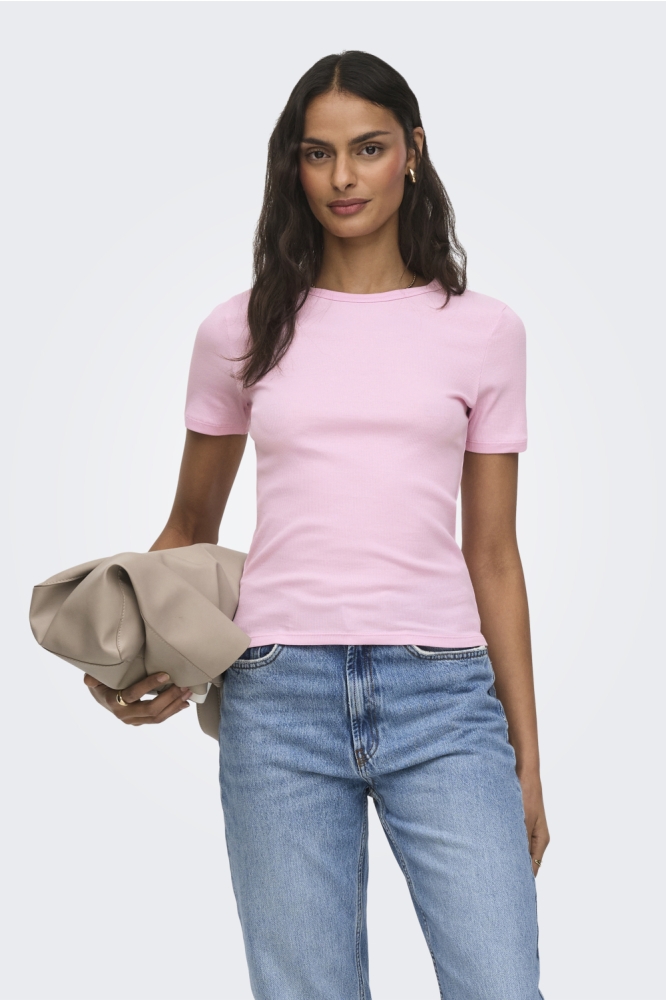 Jacqueline de Yong roze dames t-shirt | Model vooraanzicht