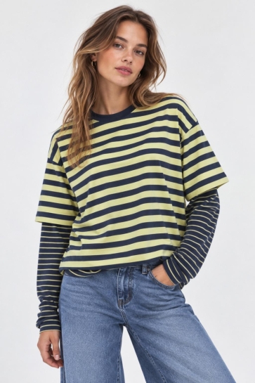 Only T-shirt ONLFREJA L/S STRIPE DOUBLE TOP JRS 15387312 NAVY BLAZER/SHADOW GREEN
