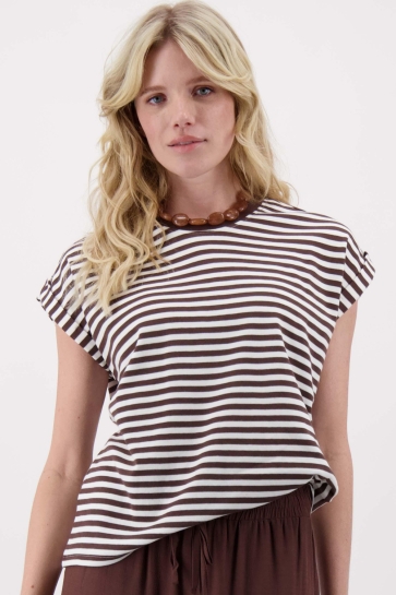 Zusss T-shirt T SHIRT MET OPGEROLDE MOUW STREEP 0307 0012 OFF WHITE/BROWN