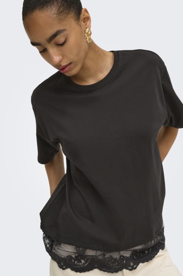 Only T-shirt ONLVIVVI S/S LACE BOTTOM TOP JRS NO 15385031 Chocolate Torte/Chokolate