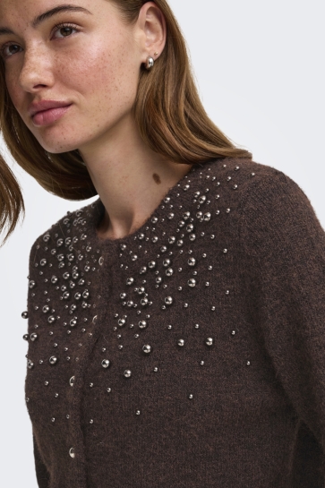 Only Vest ONLMIGGIE LS O-NECK PEARL CARDI KNT 15375519 Coffee Bean/Melange/Silver Metal Pe