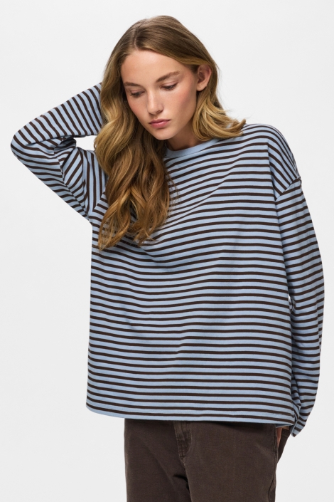 Pieces blauwe dames t-shirt | Model vooraanzicht