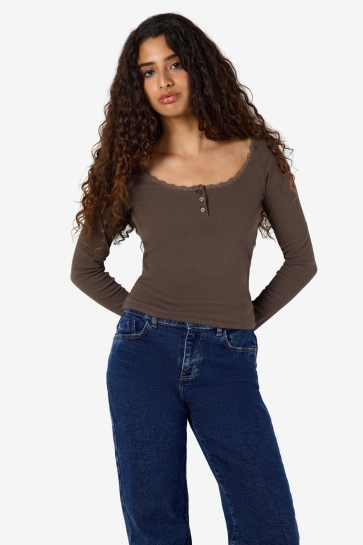 Noisy may T-shirt NMMAYA L/S LACE HENLEY TOP NOOS 27037880 Chocolate Brown