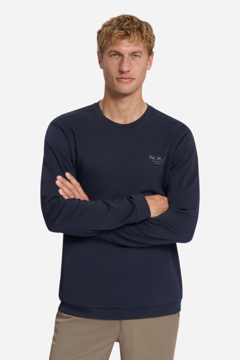 NO-EXCESS blauwe heren sweater | Model vooraanzicht