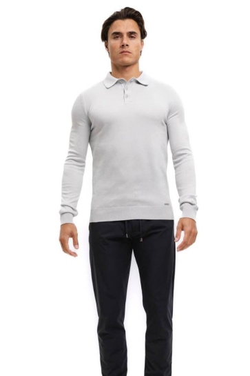 Malelions Polo KNITTED LONG SLEEVE POLO MM3 AW25 17 OCEAN GREY