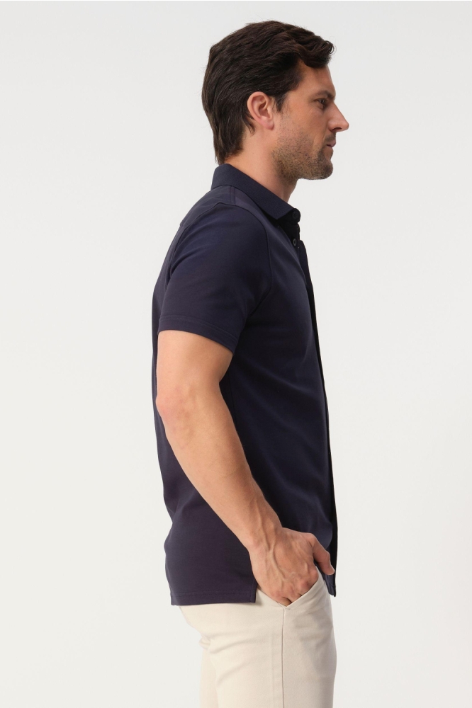 Campbell blauwe heren overhemd | Model zijaanzicht