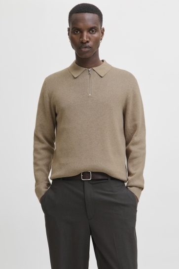 Jack & Jones Trui JPRBLAMILANO STITCH KNIT ZIP POLO S 12281743 Greige/Melange